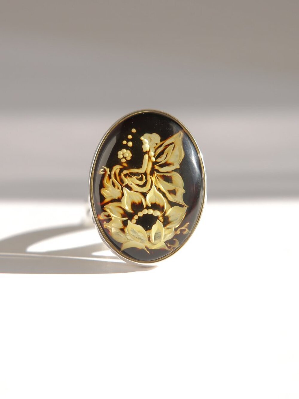 Baltic Amber Fairy Cameo Ring- Sterling Silver